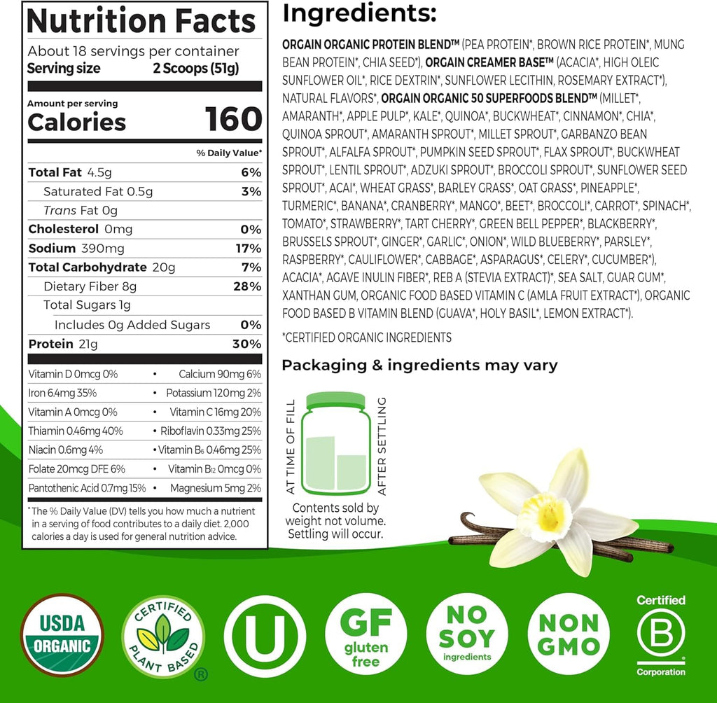 Organic Vegan Protein + 50 Superfoods Powder, 21g Plant Based Protein, 2.02 lb G8519