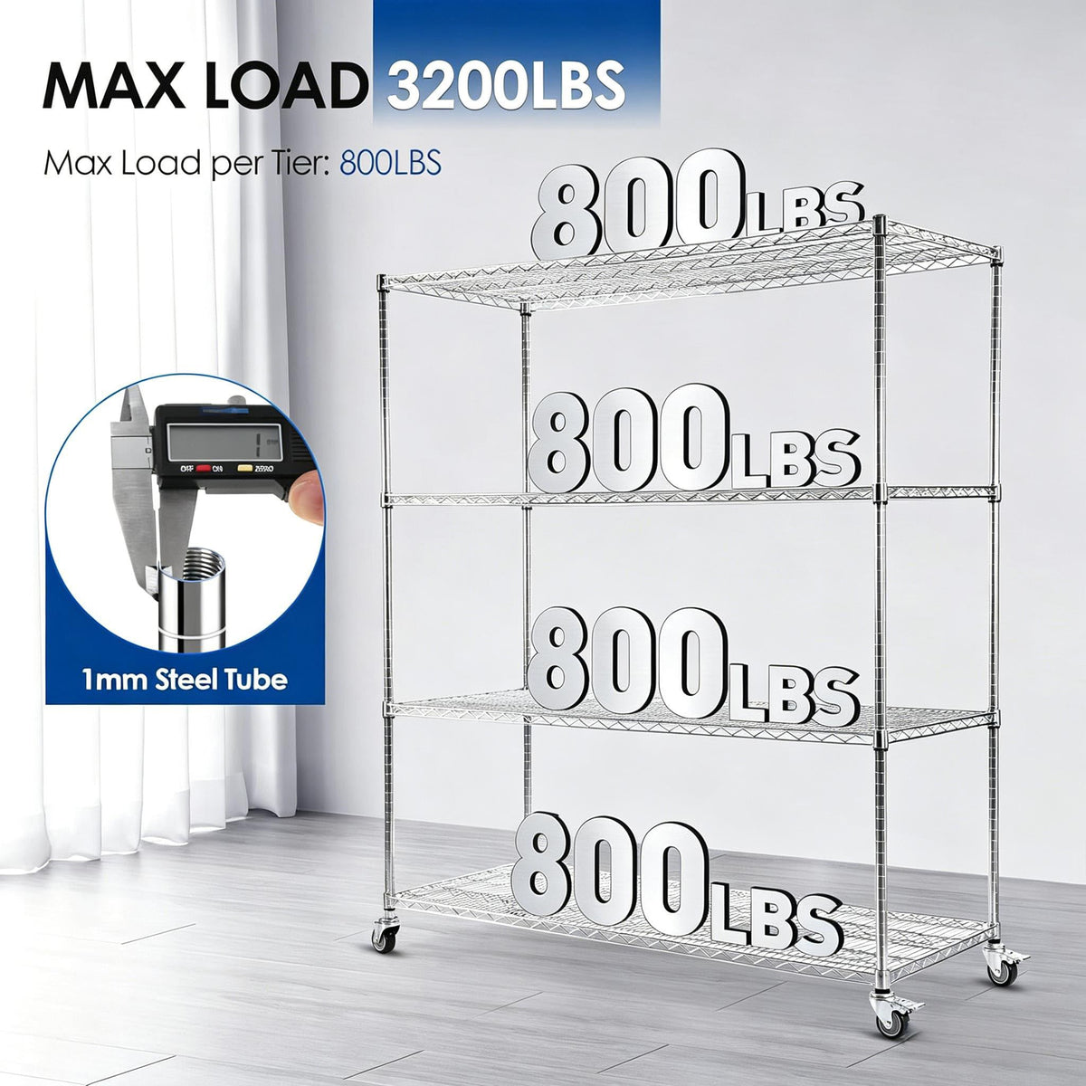 60" W 4-Tier Heavy Duty Wire Shelving 72" H x 24" D Metal Storage Rack with Wheels M559