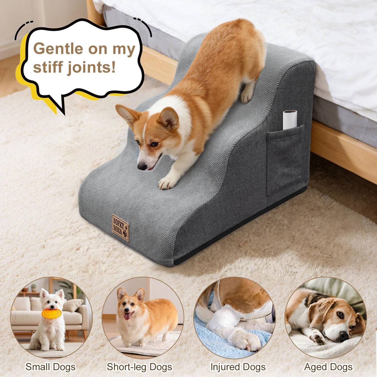 15.7" H Non-Slip Foam Dog Stairs with Storage Pocket I2981