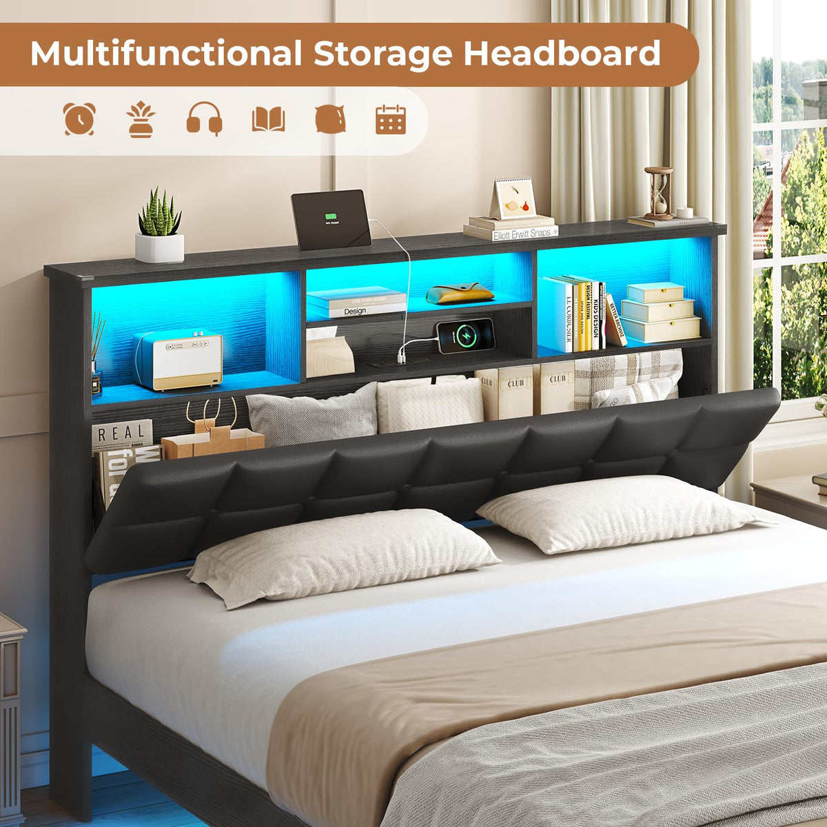 Black Full Size Upholstered Platform Bed Frame with Headboard and Storage T505065