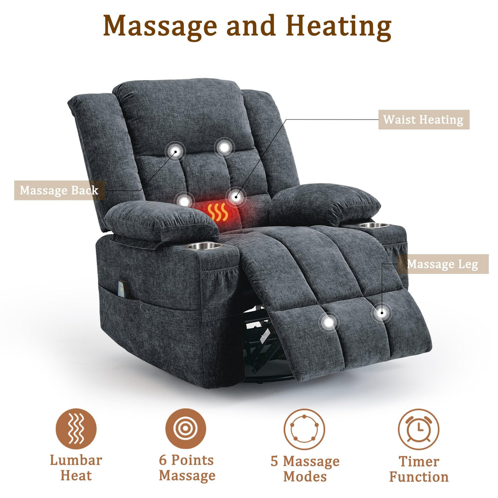 Fabric Dark Gray Swivel Rocker Recliner with Cup Holder Y89179