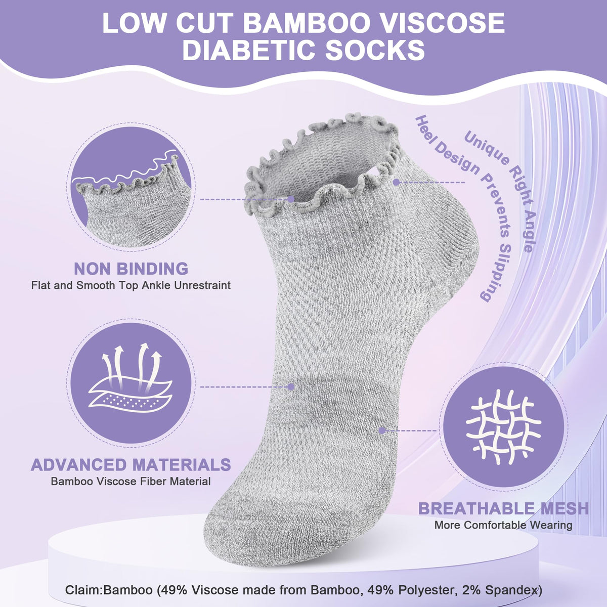 6 Pairs Low Cut Non Binding Diabetic Ankle Socks Z932