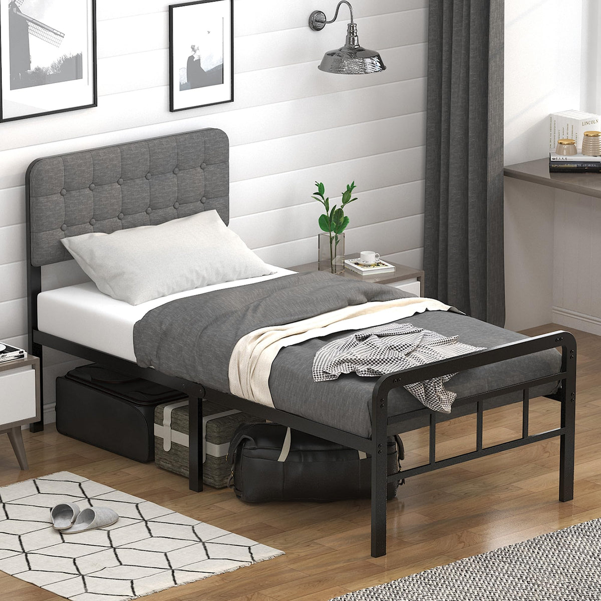 16 Inch Twin XL Upholstered Metal Bed Frame Y434532
