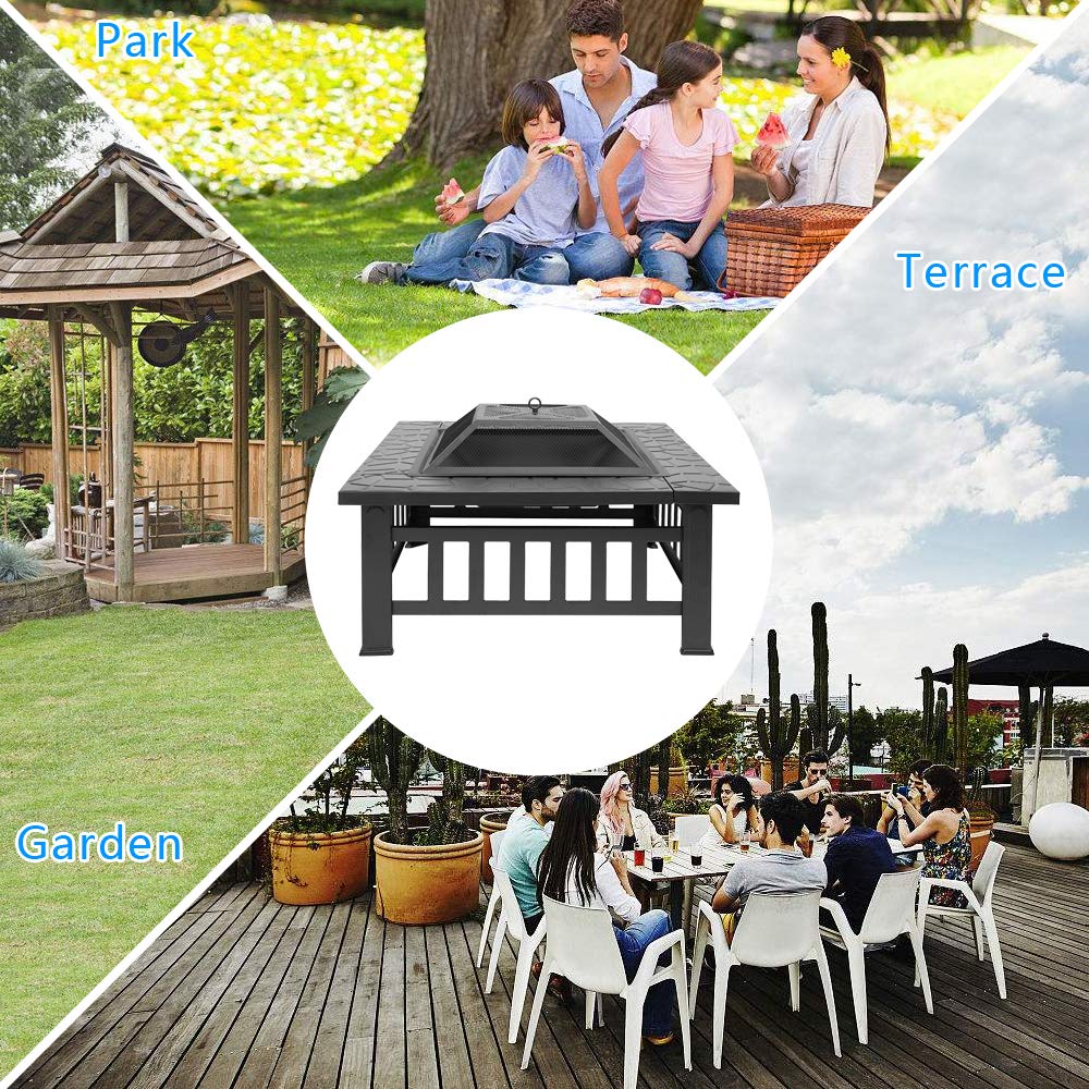 32in Square Metal Wood Burning Fire Pit with Spark Screen L262306