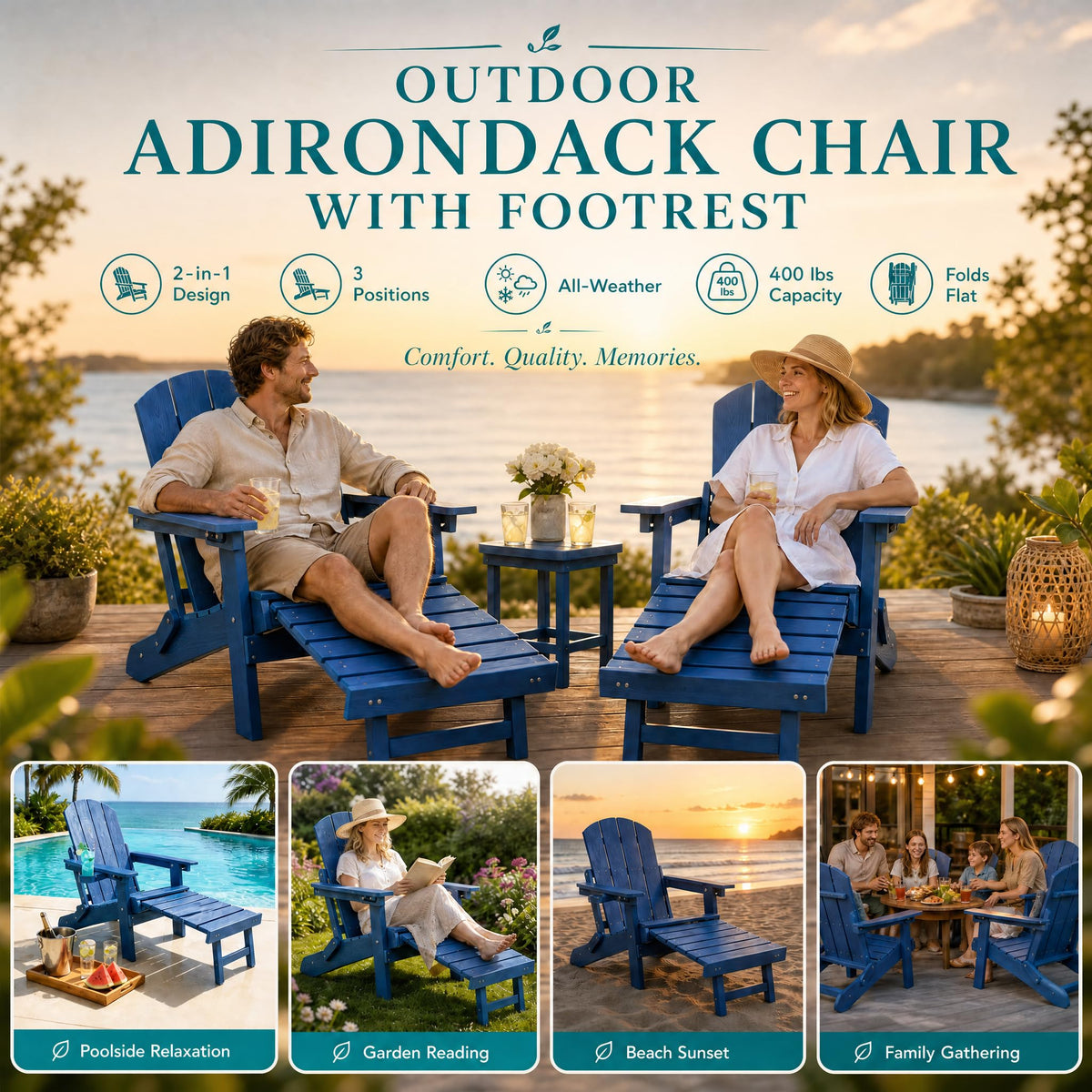 Folding Adjustable Adirondack Chairs Set of 2 with Footrest U960
