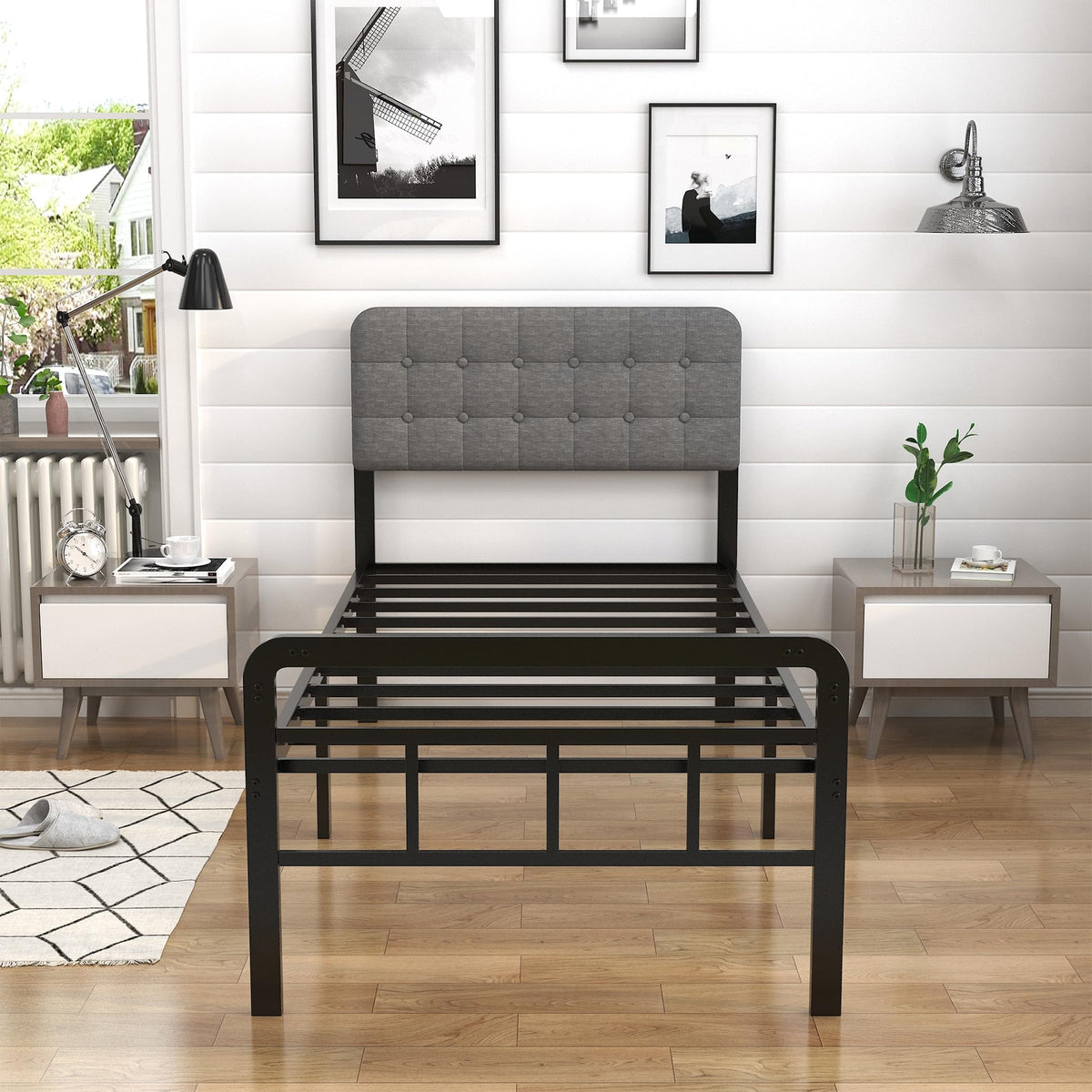 16 Inch Twin XL Upholstered Metal Bed Frame Y434532