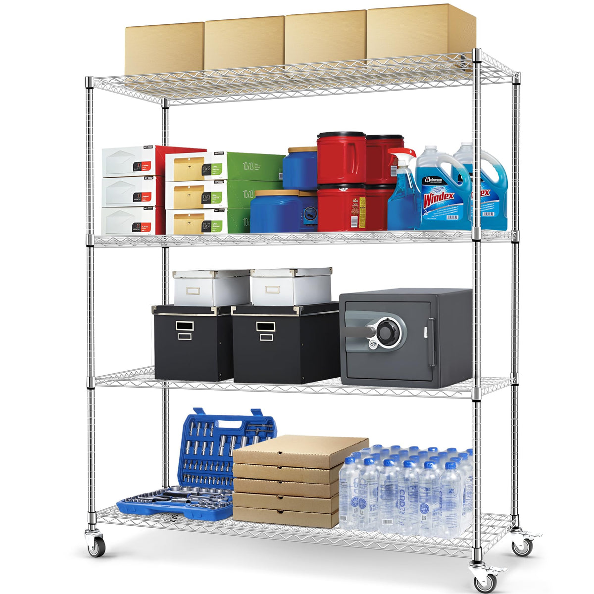 60" W 4-Tier Heavy Duty Wire Shelving 72" H x 24" D Metal Storage Rack with Wheels M559