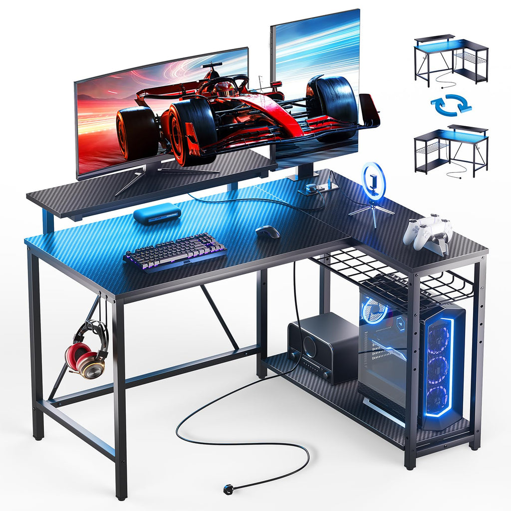 42-Inch L-Shaped Computer Desk with Charging & LED, Black R7465