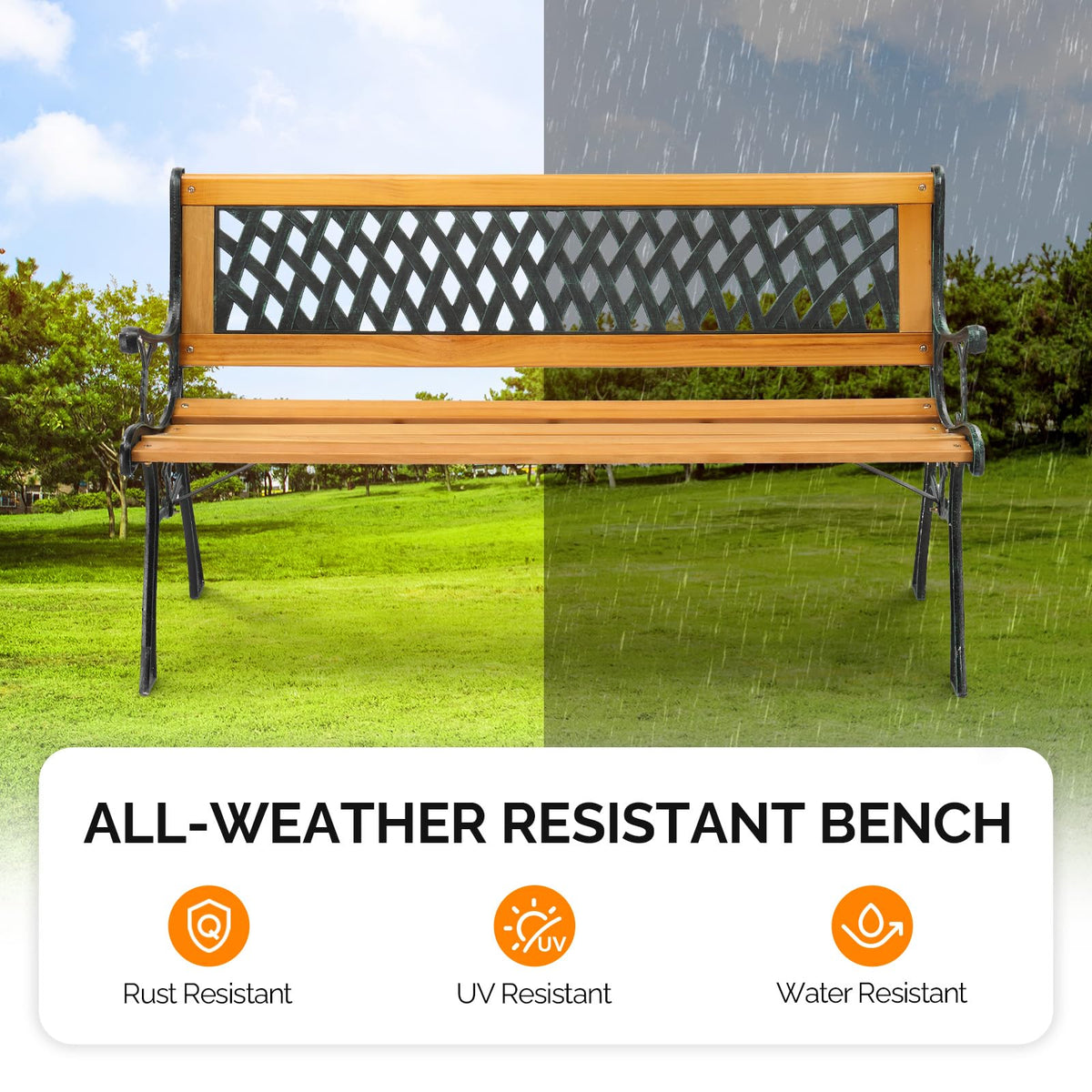 Weather Resistant Cast Iron Teak Wood 3-Person Outdoor Bench A8204