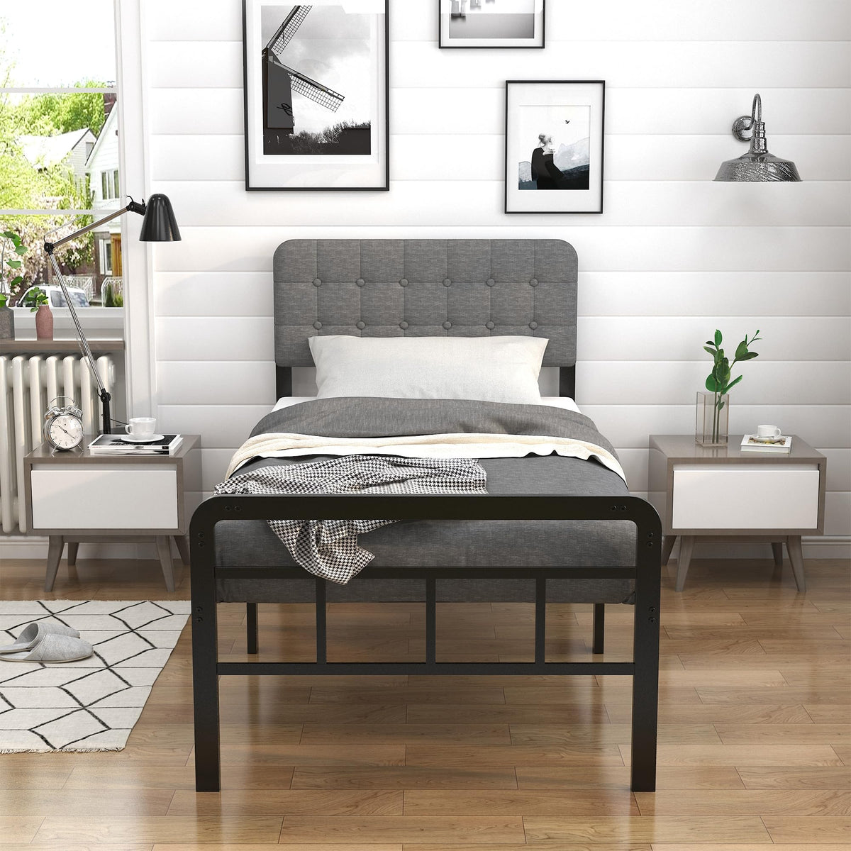 16 Inch Twin XL Upholstered Metal Bed Frame Y434532