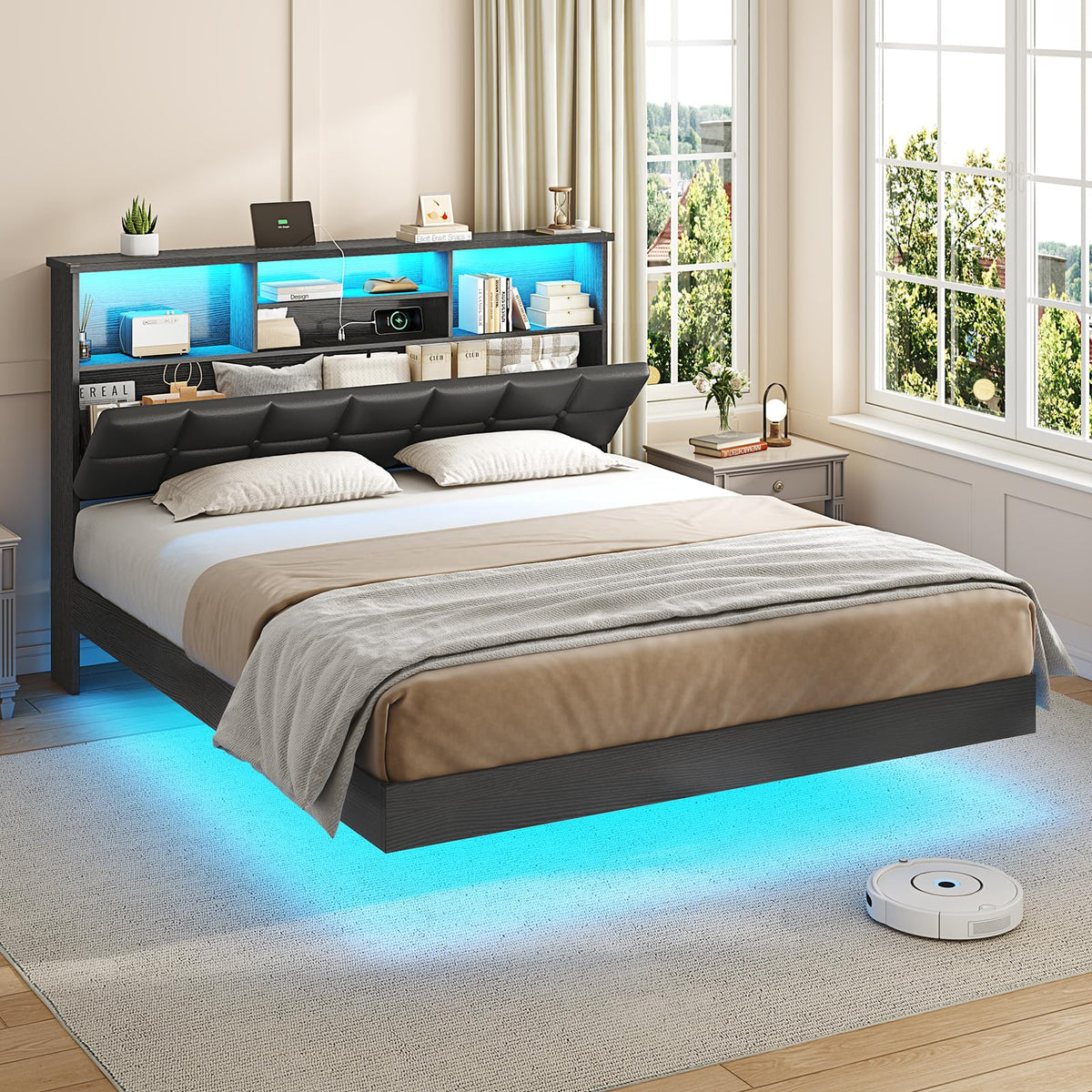 Black Full Size Upholstered Platform Bed Frame with Headboard and Storage T505065