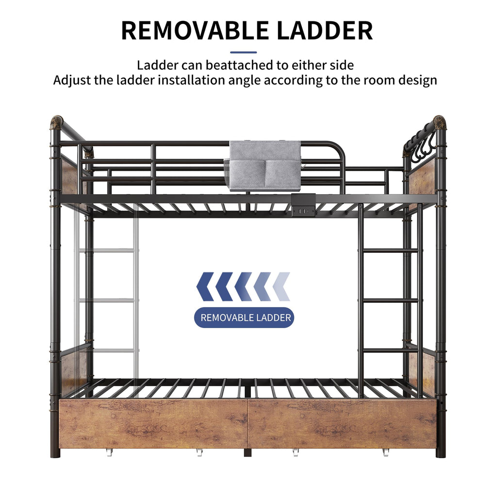 Metal LED Bunk Bed Twin Over Twin with 2 Storage Drawers M317452