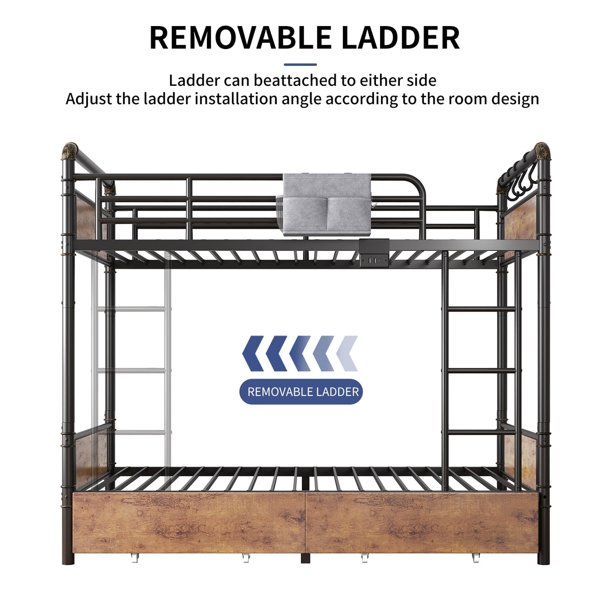 Metal LED Bunk Bed Twin Over Twin with 2 Storage Drawers M317452
