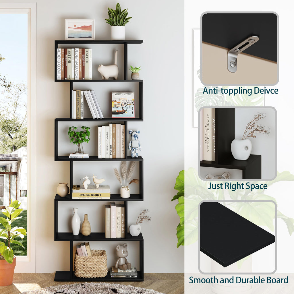 6-Tier Geometric S Shaped Wood Bookshelf U3802
