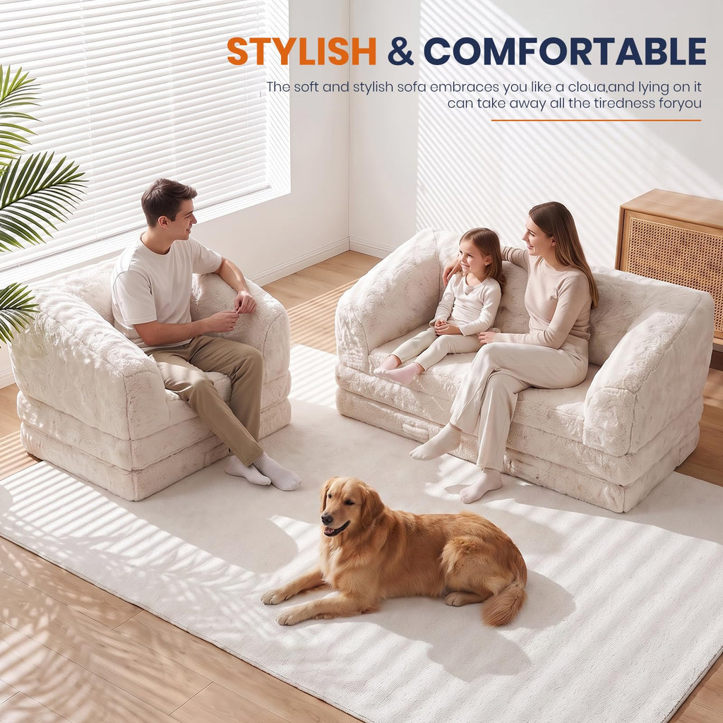Convertible Folding Sofa Bed, 2 in 1 Portable Floor Couch & Foam Mattress with Handle, Space-Saving Faux Fur Futon Chair for Living Room, Bedroom, Guest Room (Loveseat, Beige) J3444