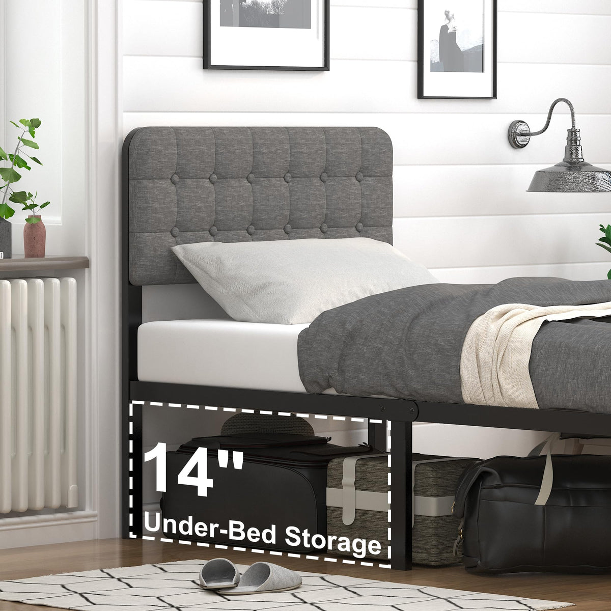 16 Inch Twin XL Upholstered Metal Bed Frame Y434532