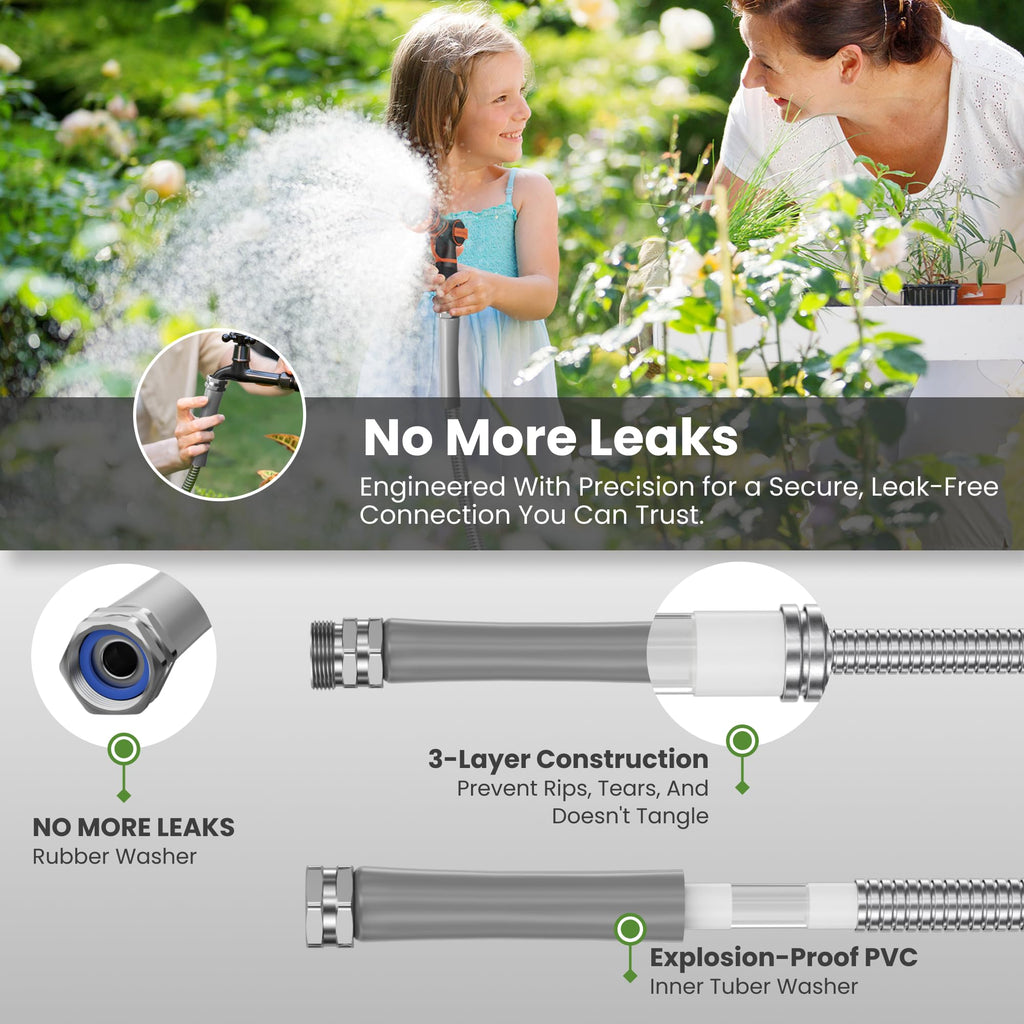 100ft Stainless Steel Garden Hose with Spray Nozzle J3097