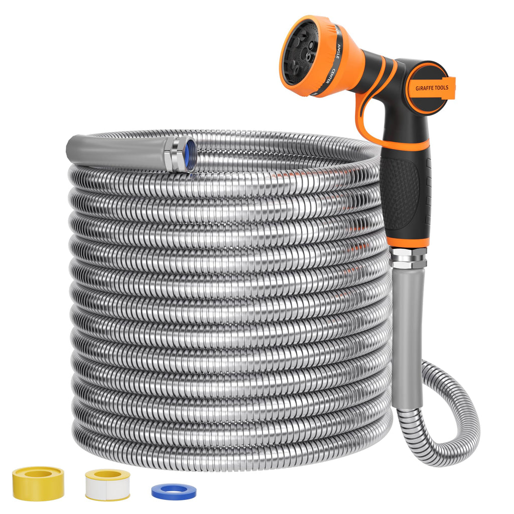 100ft Stainless Steel Garden Hose with Spray Nozzle J3097