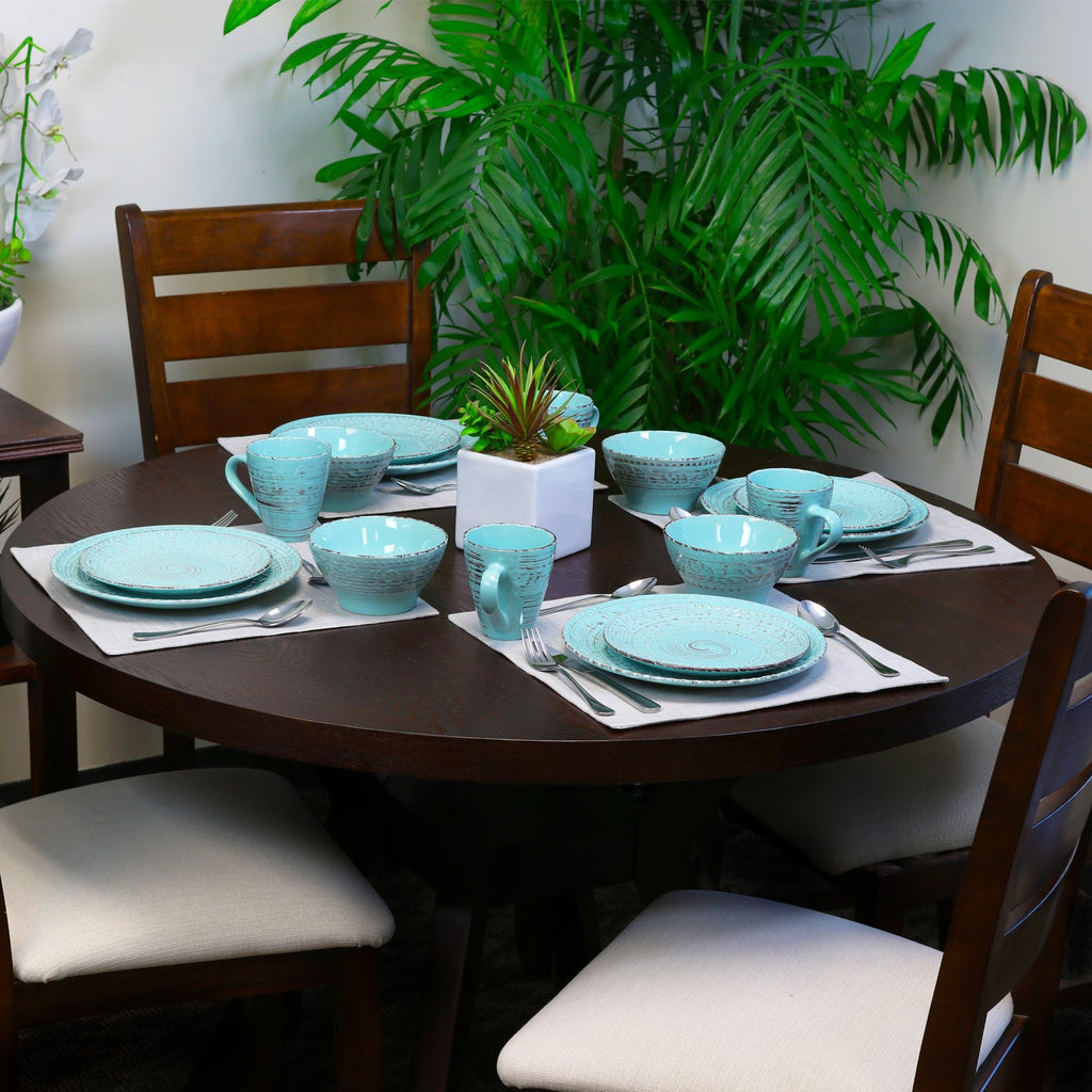 Turquoise 16 Piece Embossed Stoneware Dish Set W876