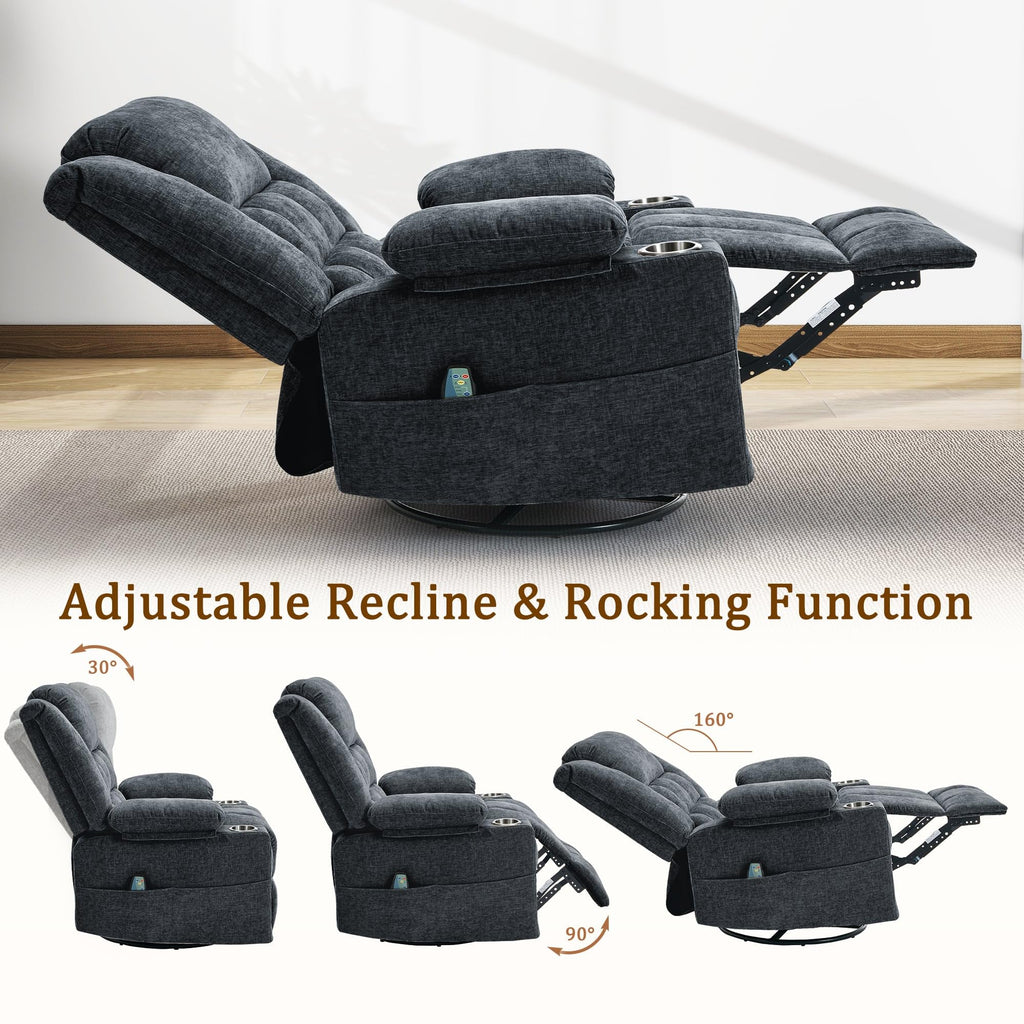 Fabric Dark Gray Swivel Rocker Recliner with Cup Holder Y89179