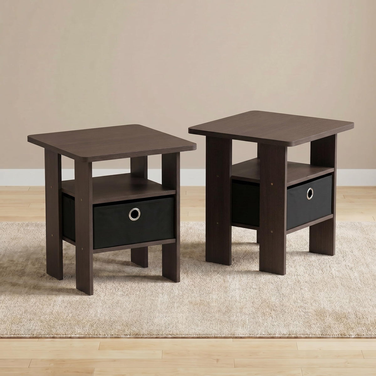 Brown Set of 2 Side Table with Storage Bin Drawer B23208
