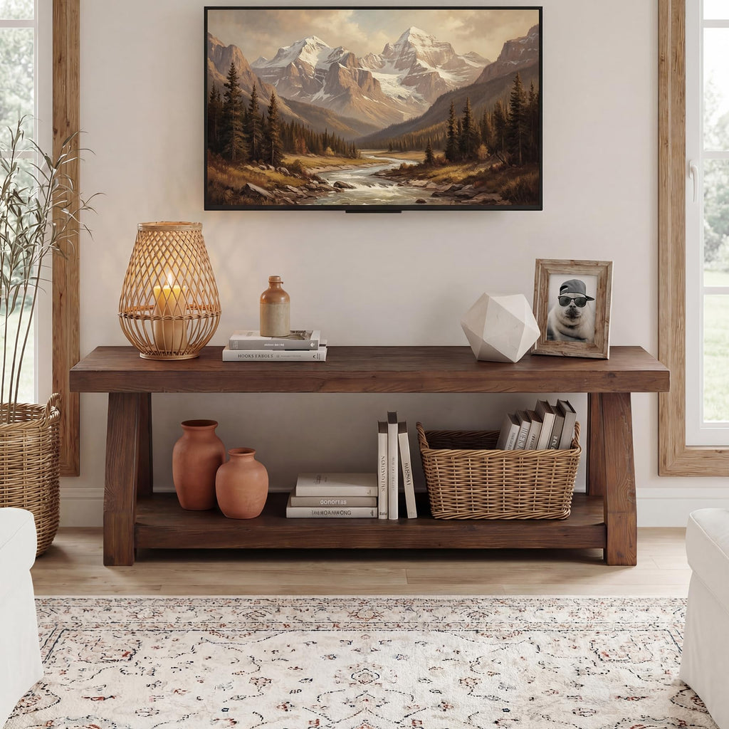 Solid Wood TV Stand, 2-Tier Media Console with Open Storage, Walnut Brown N91800