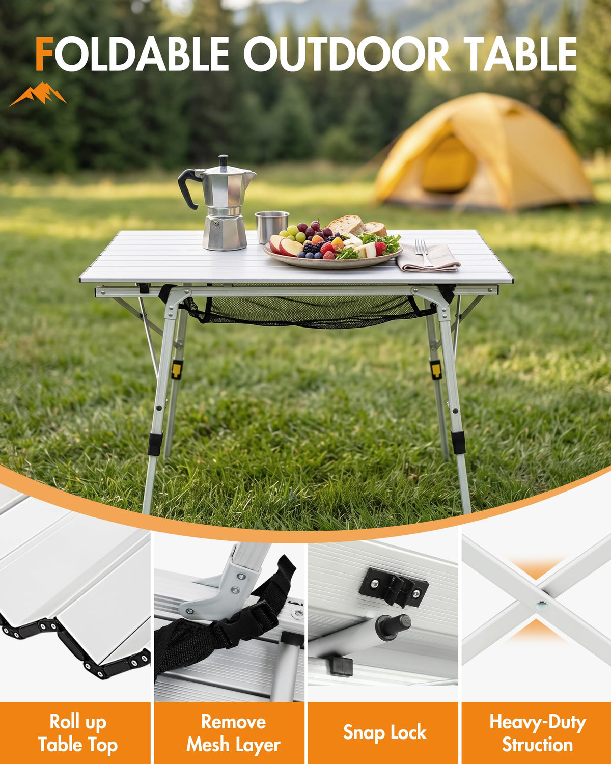 Folding Portable Camping Table with Adjustable Height Aluminum Roll Up Top E99834