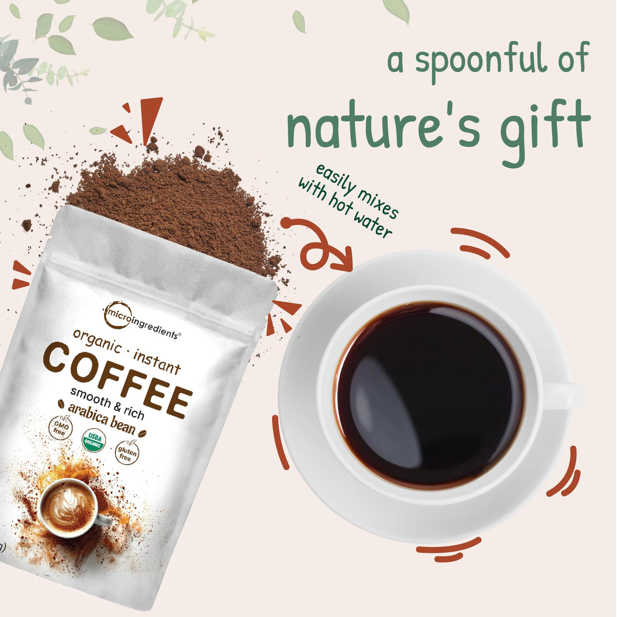 Organic Instant Coffee 1lb Powder Medium to Dark Roast A419886
