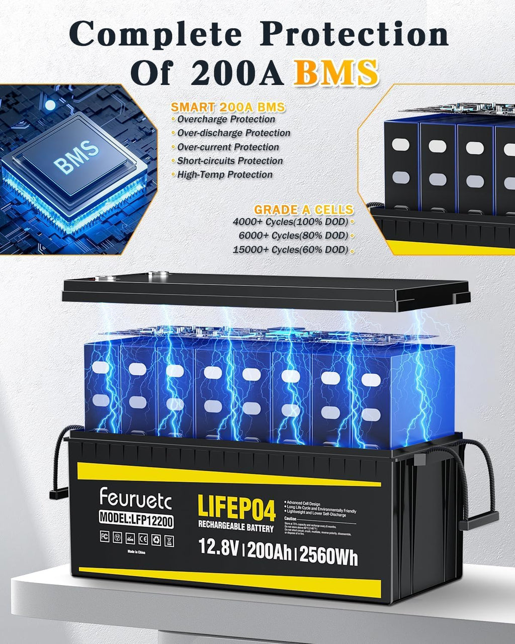 12V 200Ah LiFePO4 Deep Cycle Lithium Battery with 200A BMS Y43813