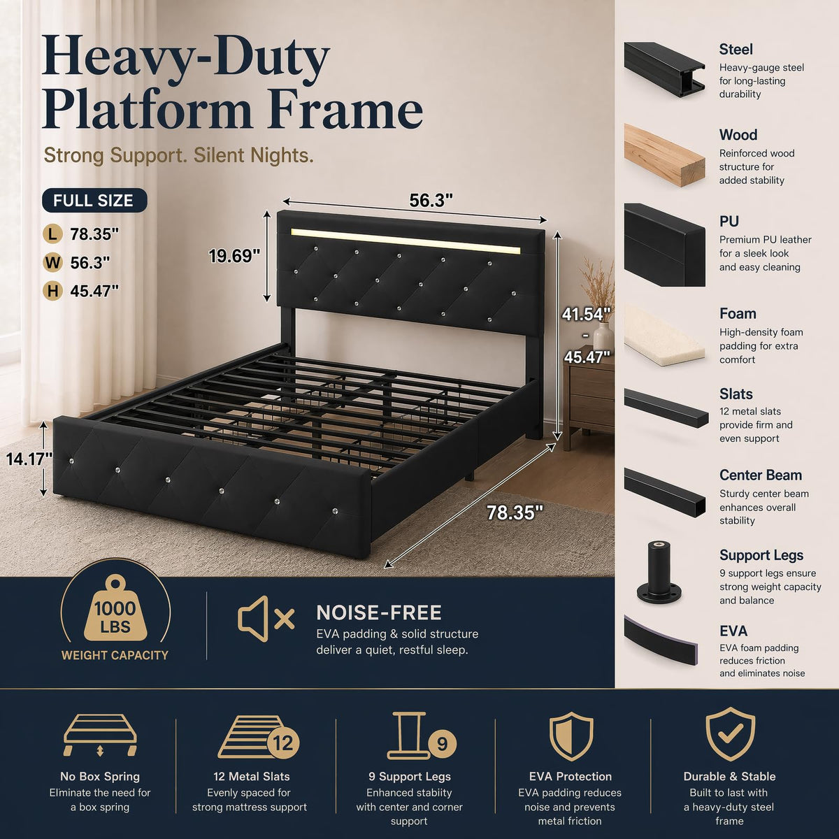 Full Upholstered Bed Frame with 4 Storage Drawers & Headboard F623