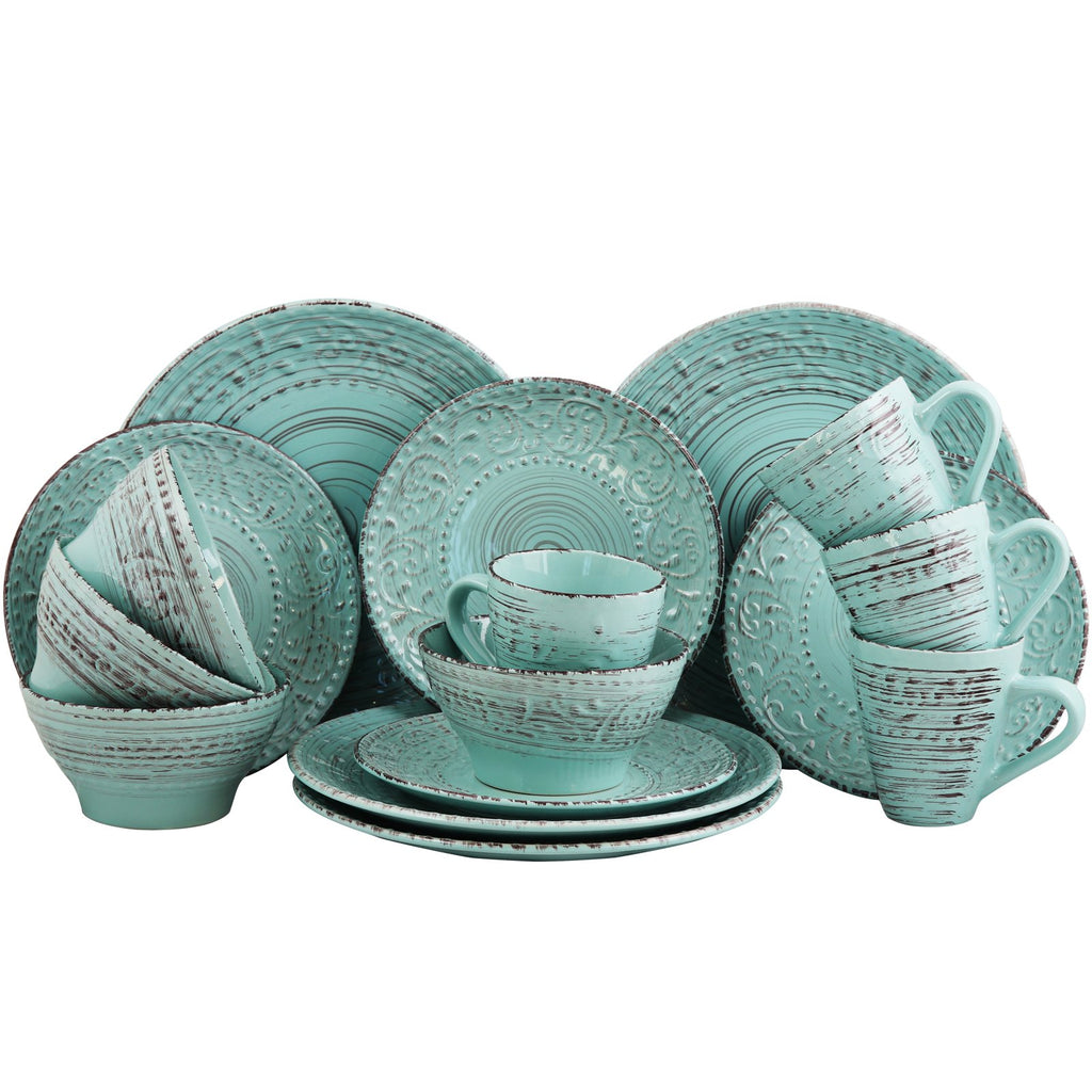 Turquoise 16 Piece Embossed Stoneware Dish Set W876