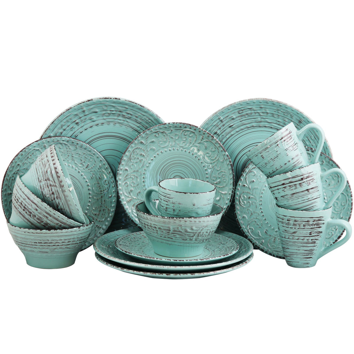 Turquoise 16 Piece Embossed Stoneware Dish Set W876
