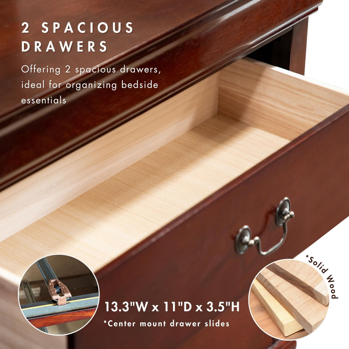 Solid Wood Nightstand with Drawers and Antique Nickle Handles S766