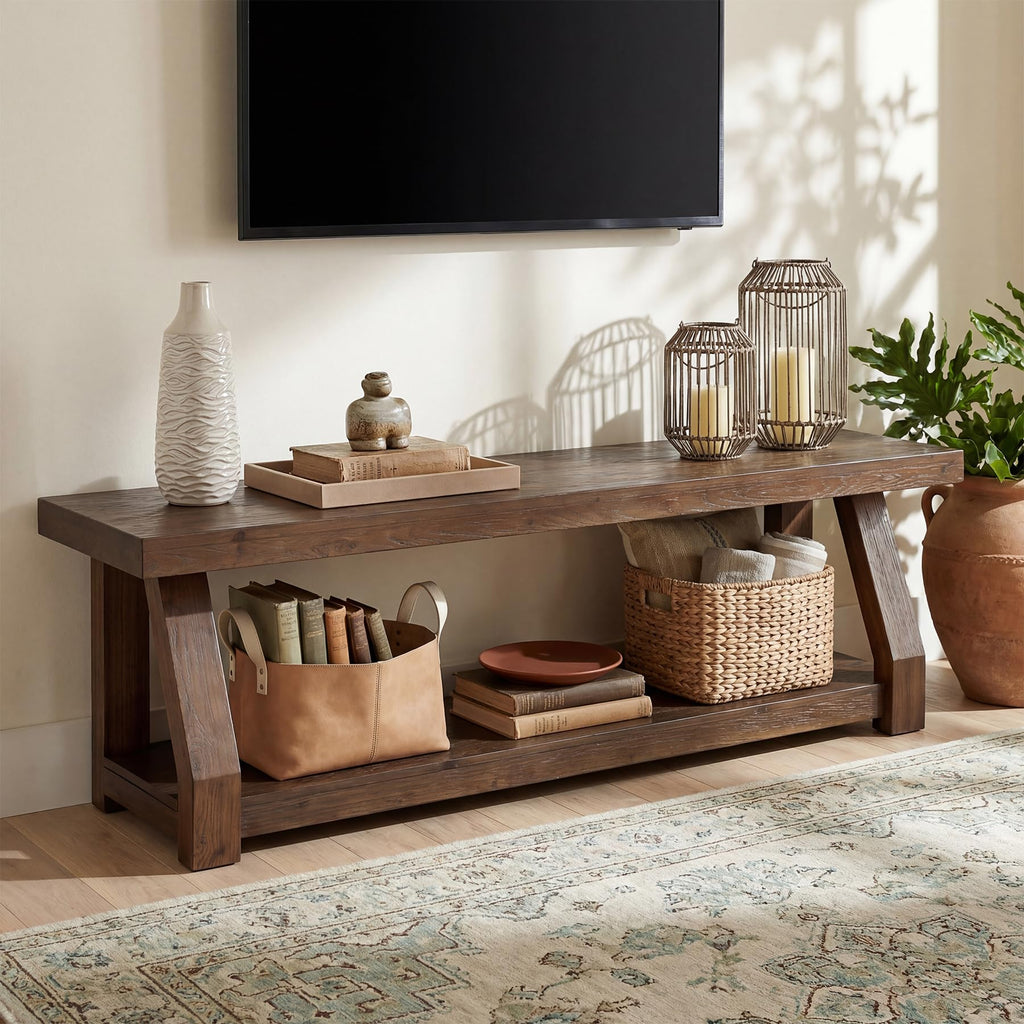 Solid Wood TV Stand, 2-Tier Media Console with Open Storage, Walnut Brown N91800