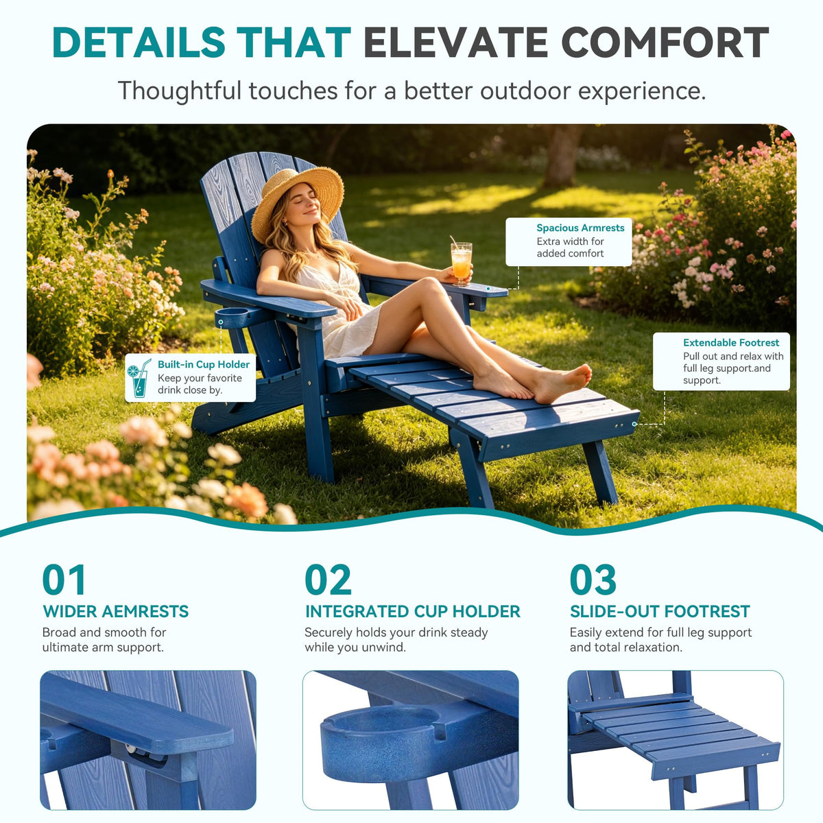 Folding Adjustable Adirondack Chairs Set of 2 with Footrest U960