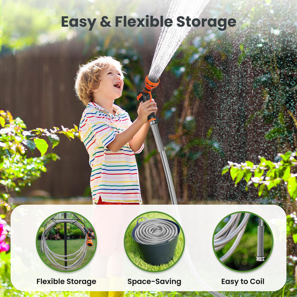 100ft Stainless Steel Garden Hose with Spray Nozzle J3097