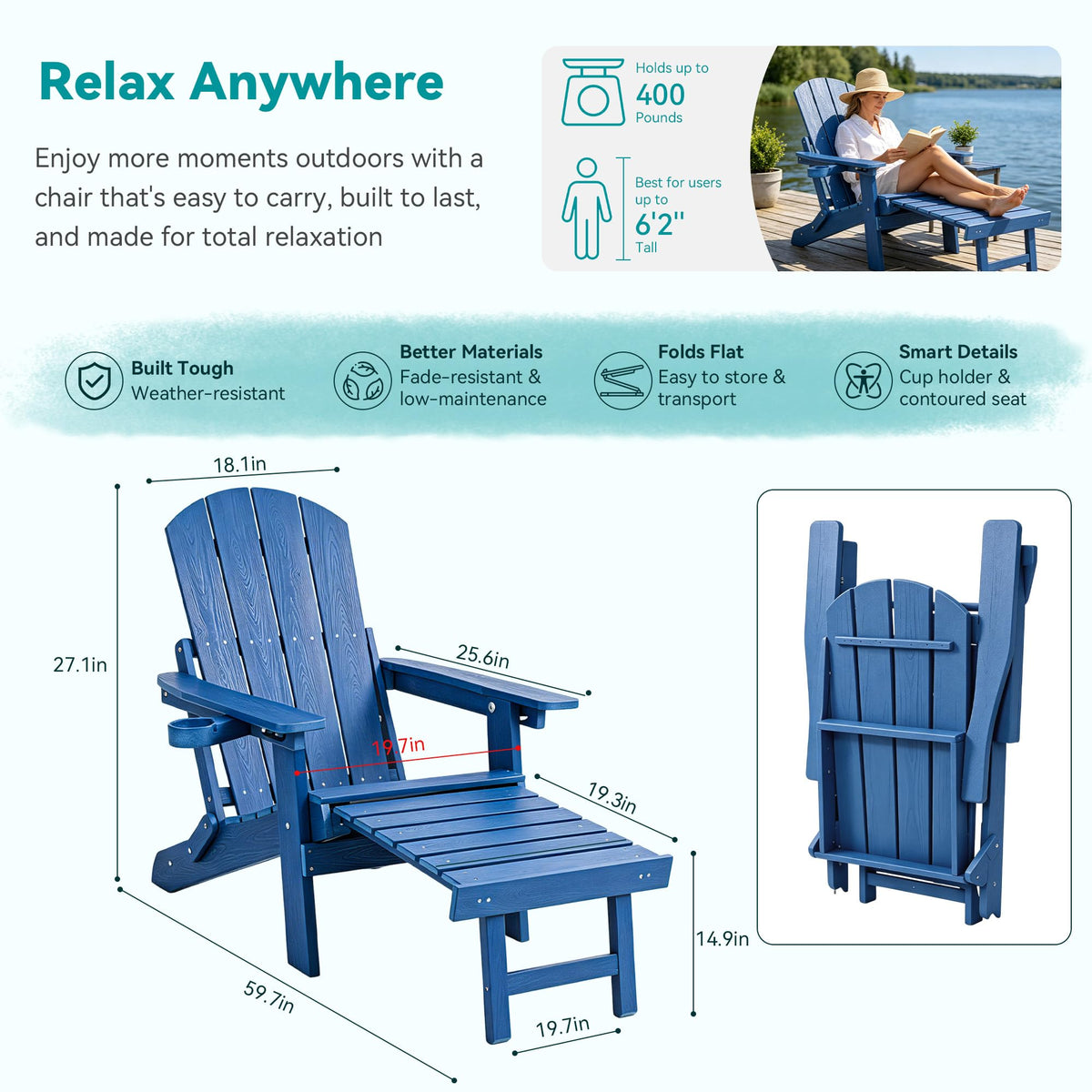 Folding Adjustable Adirondack Chairs Set of 2 with Footrest U960