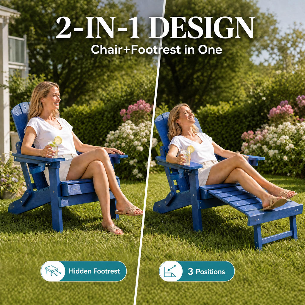 Folding Adjustable Adirondack Chairs Set of 2 with Footrest U960