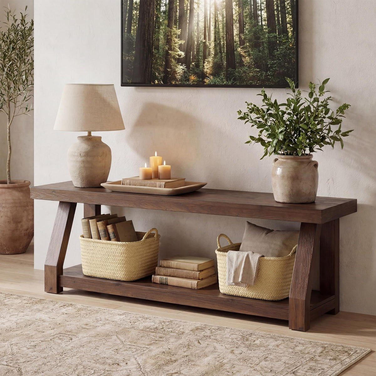 Solid Wood TV Stand, 2-Tier Media Console with Open Storage, Walnut Brown N91800