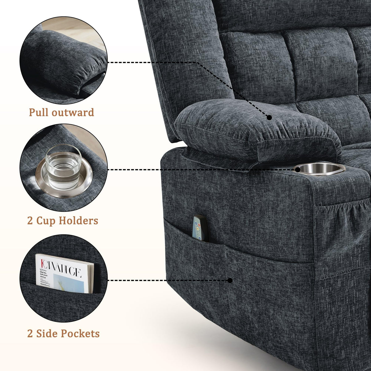 Fabric Dark Gray Swivel Rocker Recliner with Cup Holder Y89179