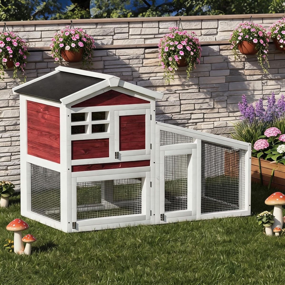 2-Tier Wooden Rabbit Hutch with Run U28316