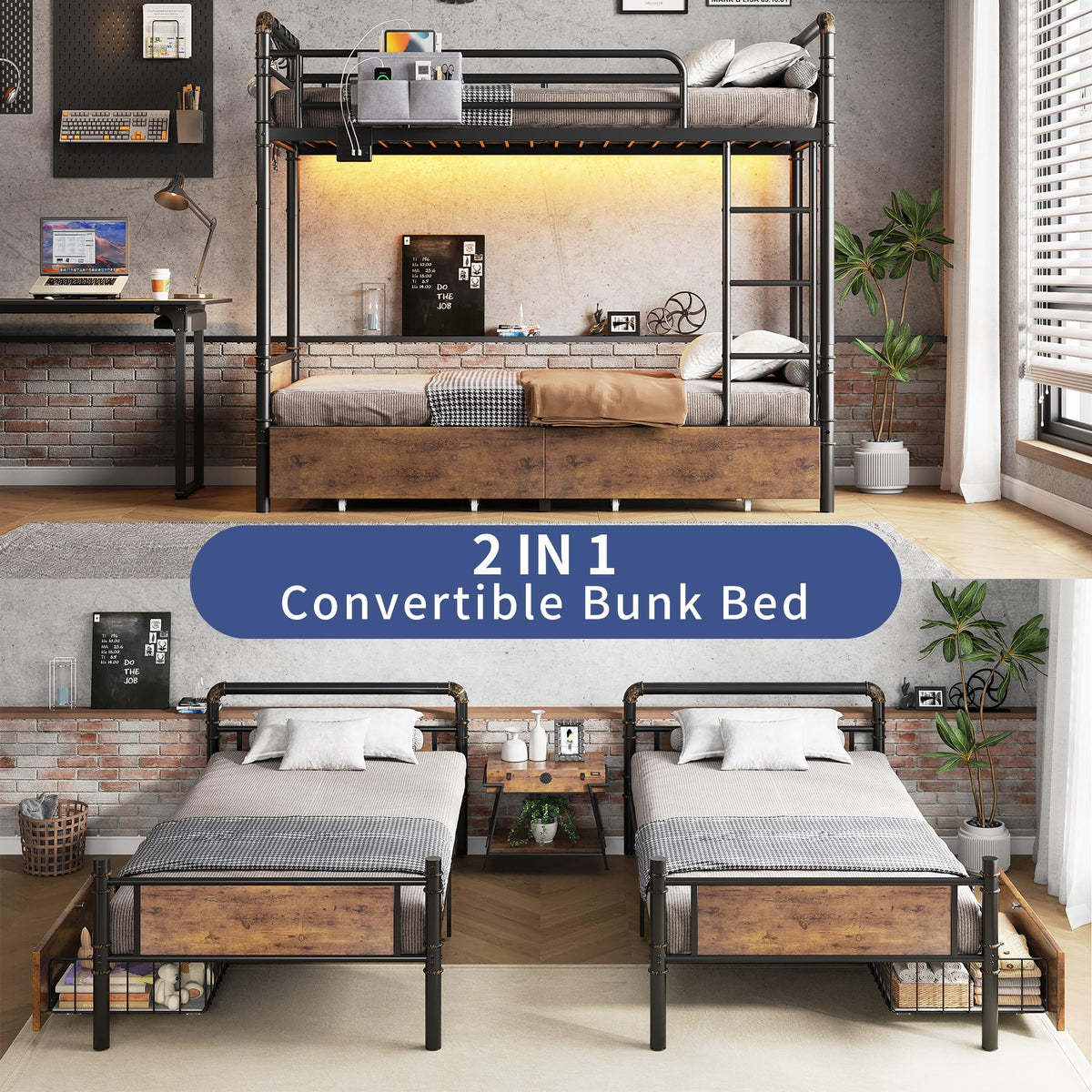 Metal LED Bunk Bed Twin Over Twin with 2 Storage Drawers M317452