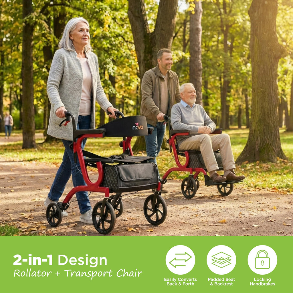 2-in-1 Rollator & Transport Wheelchair with Seat, Red H884900