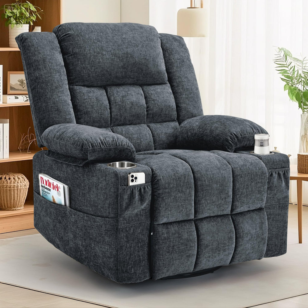 Fabric Dark Gray Swivel Rocker Recliner with Cup Holder Y89179
