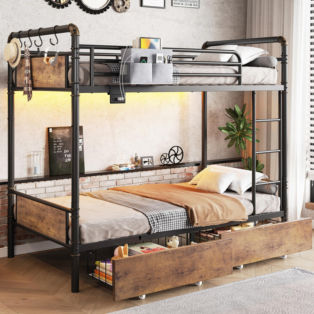 Metal LED Bunk Bed Twin Over Twin with 2 Storage Drawers M317452
