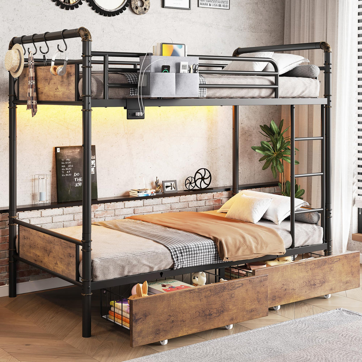 Metal LED Bunk Bed Twin Over Twin with 2 Storage Drawers M317452