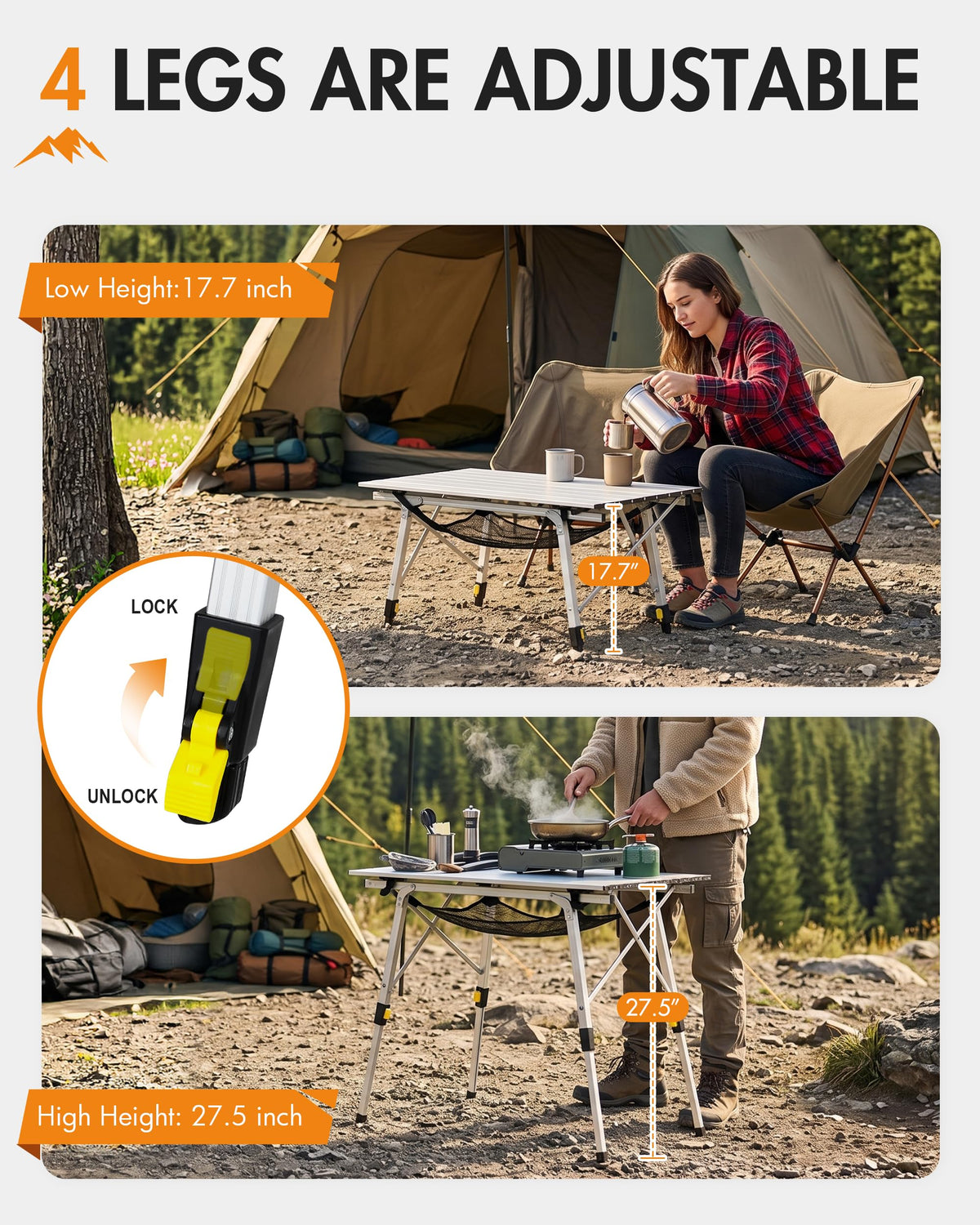 Folding Portable Camping Table with Adjustable Height Aluminum Roll Up Top E99834